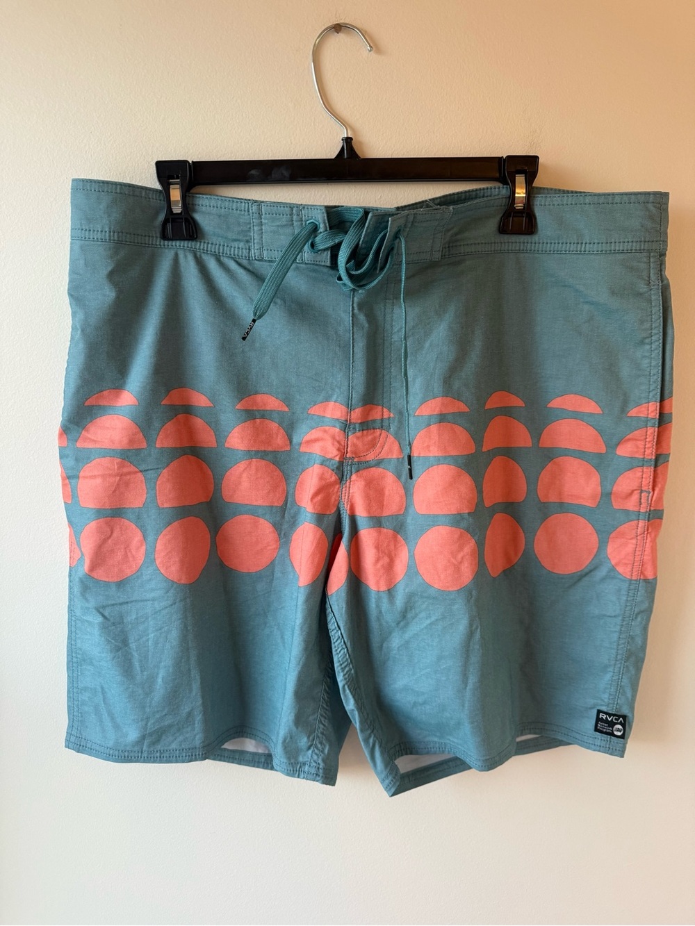 RVCA Teal Swim Board Shorts with Coral Dot Pattern